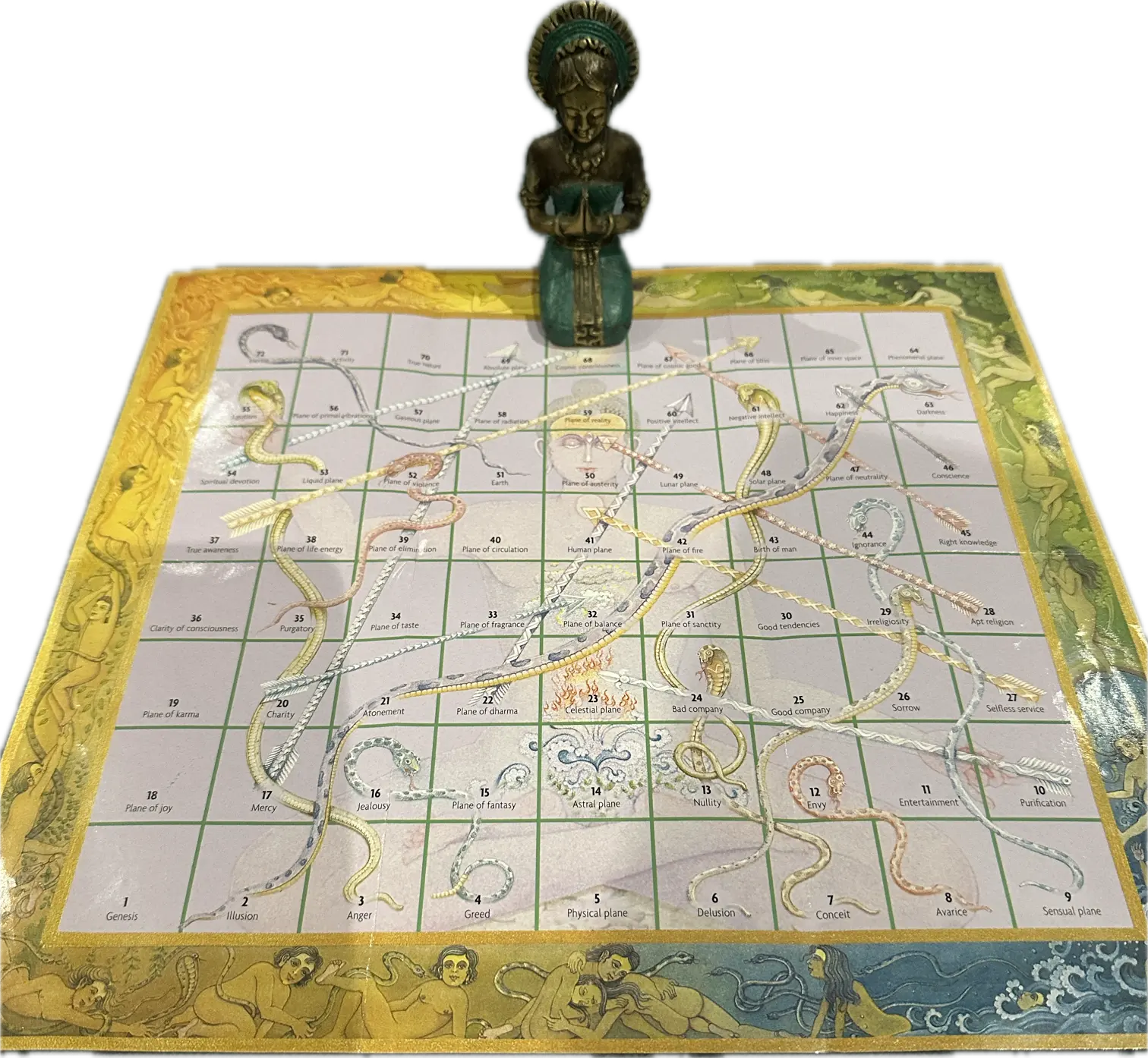 A traditional Leela board with a small statue, showing the path of snakes and arrows
